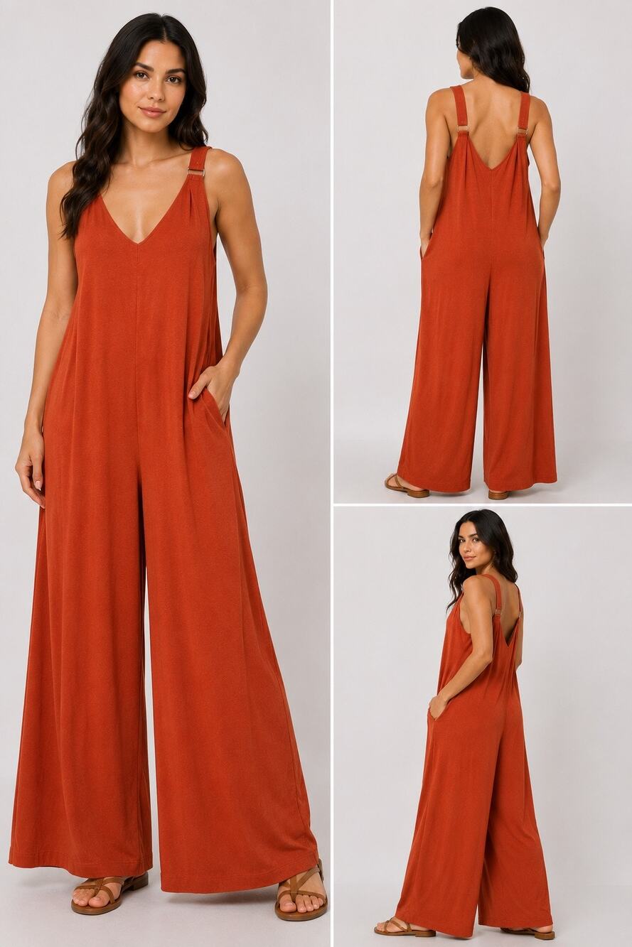 BloomChic Rust Orange Wide Leg Jumpsuit Adjustable Buckle Straps Plus Size 14